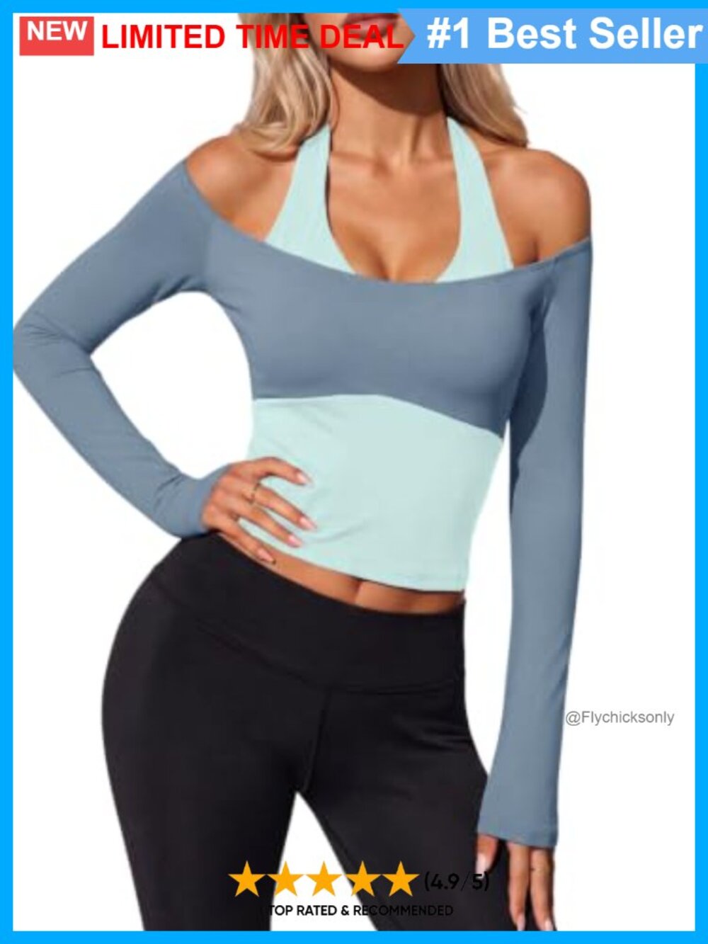 Off Shoulder Halter Crop Top Long Sleeve Built in Bra Workout Top